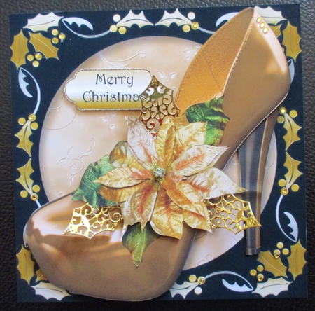Christmas Shoe with Holly Frame - Gold Poinsettias by Davina Rundle