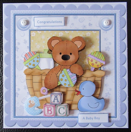 Baby Boy Bear in a Basket Card with Decoupage by Davina Rundle