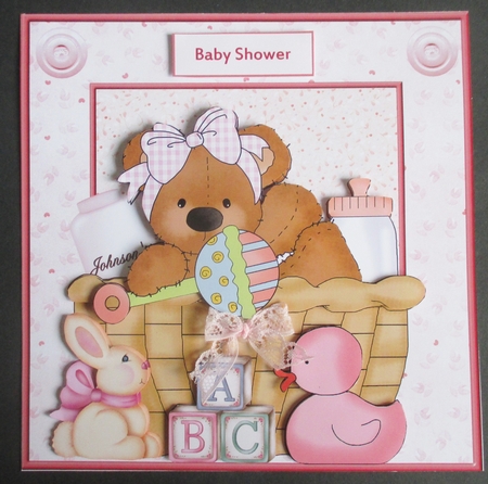Baby Bear Girl in a Basket Card and Decoupage by Davina Rundle