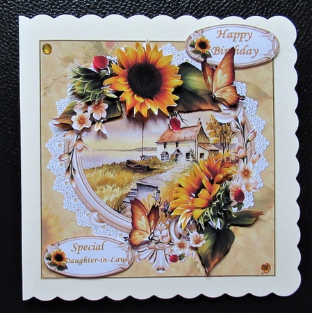 Beautiful Sunflowers with Seaside Cottage Scene by Davina Rundle