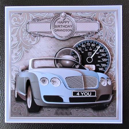 Blue Sports Car on a Scroll Background 8x8 Decoupage Minikit by Davina Rundle