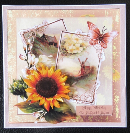 Windmill and Sunflowers 7x7 Card with Decoupage by Davina Rundle