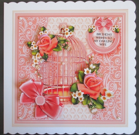 Coral Velvet Roses on a Golden Bird Cage 8in x 8in Decoupage by Davina Rundle