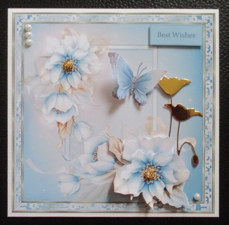 Blue flower 7x7 card with decoupage and sentiment tags by Davina Rundle