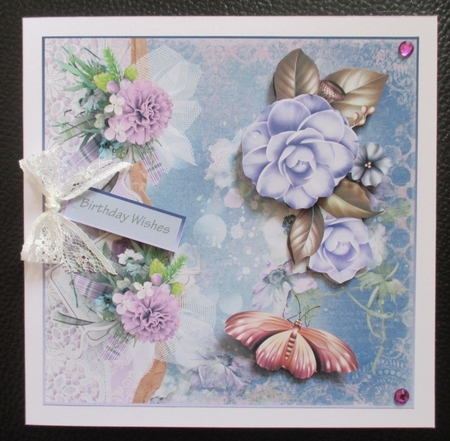 Lilac camelias 7x7 card with decoupage and sentiment tags by Davina Rundle