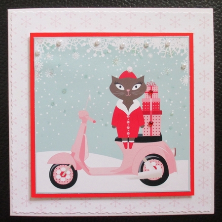 Cute Christmas cat on Scooter bike - card front / topper by Davina Rundle