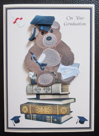 Graduation card with teddy, books, mortar board and certificate by Davina Rundle