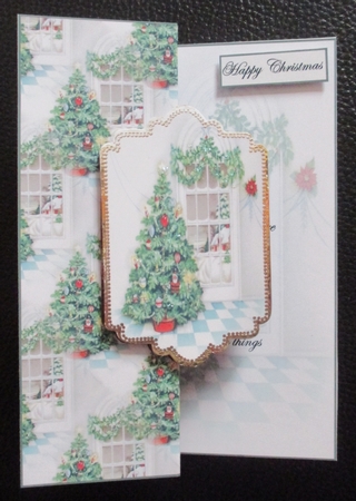 Christmas tree no hole fold back card with toppers and sentiment tags by Davina Rundle