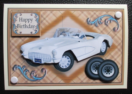 White Corvette Card Topper for Fathers Day, Birthday or Various Occasions by Davina Rundle