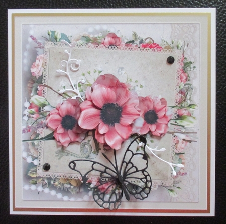 Wild poppy 7x7 card with decoupage and sentiment tags by Davina Rundle
