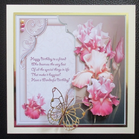 pink iris with verse for a friend, 7x7 card with decoupage by Davina Rundle