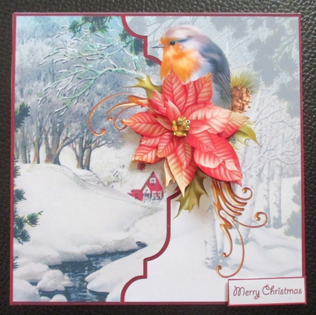 Robin and vintage Christmas 7x7 card with decoupage and sentiment tags by Davina Rundle