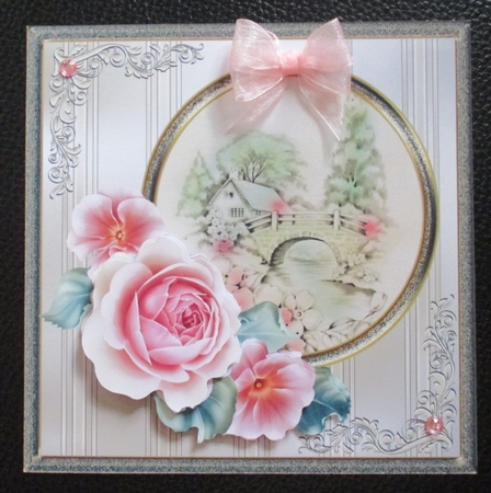 House over the bridge 7x7 card with rose decoupage by Davina Rundle