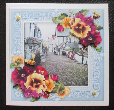 Clovelly Cobbled Street In Devon Village - 8 x 8 Floral Decoupage Card Topper by Davina Rundle