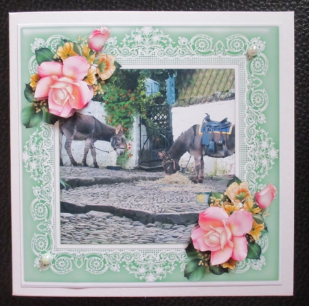 Clovelly Donkeys In Devon - 8 x 8 Card Topper With Roses Decoupage by Davina Rundle