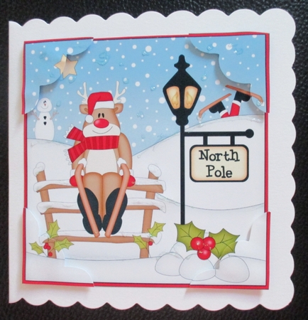 8 x 8 Christmas at the North Pole Rudolph goes Skiing Scalloped Corner Topper   by Davina Rundle