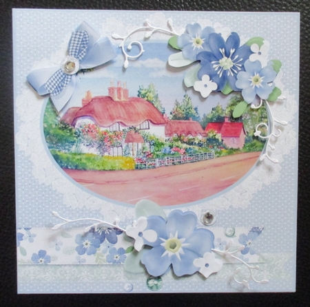 8x8 Thatched cottages with floral decoupage card topper by Davina Rundle