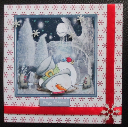 Snowman chilin out 7x7 card with decoupage and sentiment tags by Davina Rundle