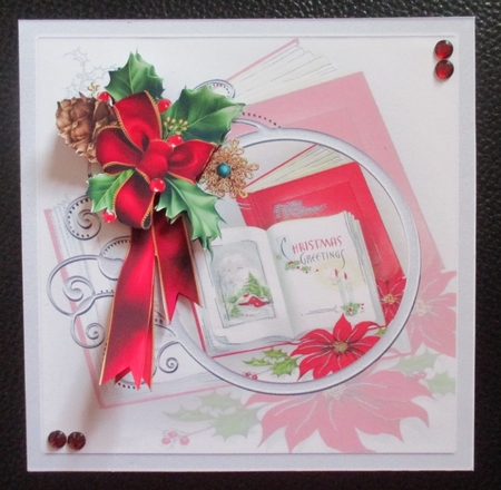 Christmas book and holly 7x7 card with decoupage by Davina Rundle
