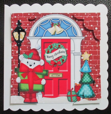 8 x 8 Christmas Door Cute Teddy Bear has a present Scalloped Corner Topper by Davina Rundle
