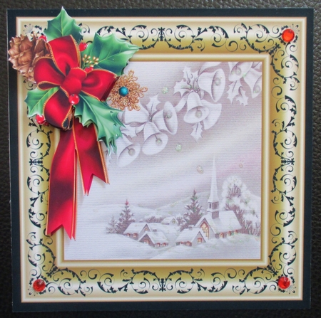 Jingle bells and holly 7x7 card with decoupage by Davina Rundle