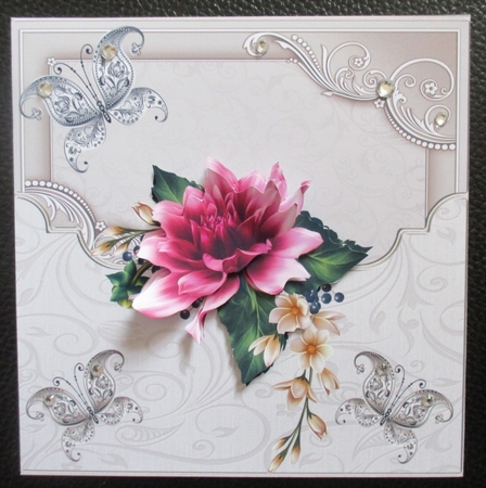 Dahlia and butterfly 7x7 card with decoupage by Davina Rundle