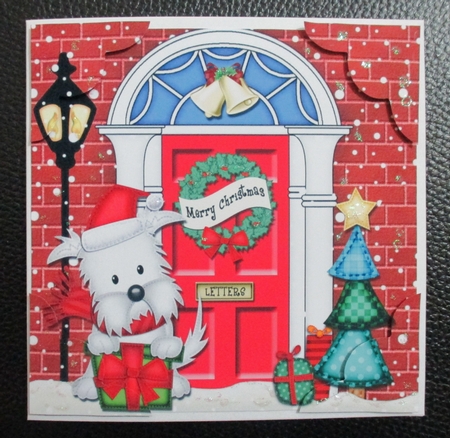 8 x 8 Christmas Door Jock Westie Dog has a present Scalloped Corner Topper by Davina Rundle