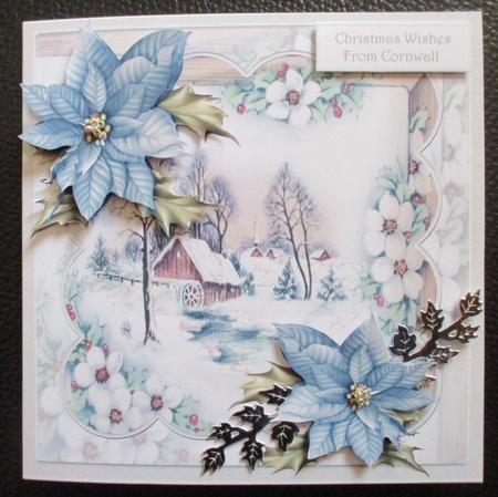 A  Water mill in winter 7x7 card with decoupage and sentiment tags by Davina Rundle