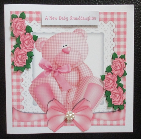 Pretty gingham teddy bear in gingham frame with roses 8x8 by Davina Rundle