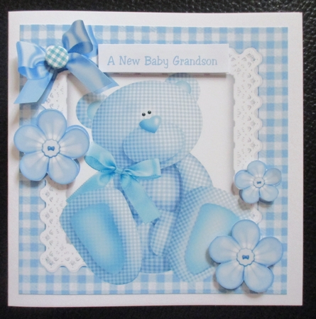 Bow, Buttons and a  lovely blue gingham teddy bear 8x8 by Davina Rundle