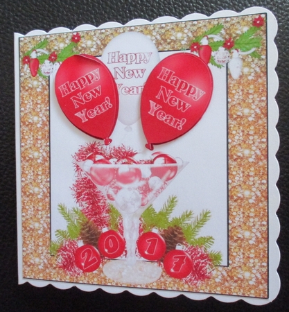 Red New Year Balloon & Glass of festive baubles 8x8 by Davina Rundle
