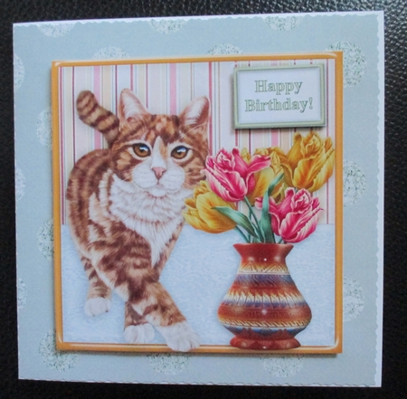Cat Tiptoe Through The Tulips - 8 x 8 Card Topper by Davina Rundle