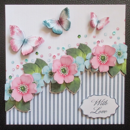 Vintage stripes flowers and butterflies pastel blue pink 1091 by Davina Rundle