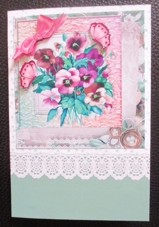 pretty pink shades of pansies with butterflies & pink bow 8x8 by Davina Rundle