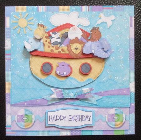 Noahs Ark Happy Birthday square card front with decoupage by Davina Rundle