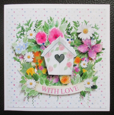 Birdhouse and floral birthday/thank you /with love ,6 x6 card topper by Davina Rundle