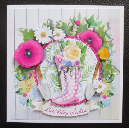 Wellies and floral birthday/thank you /best wishes 6 x 6 card topper by Davina Rundle
