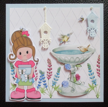 pretty bird bath 8 x 8 card front by Davina Rundle