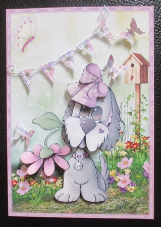 Flower Puppy Dog Card Front & Decoupage by Davina Rundle