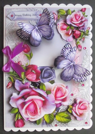 Purple Flutters and Pink Roses A5 Card Front Kit by Davina Rundle