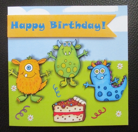Childrens monster birthday card topper for 6 x 6 card by Davina Rundle