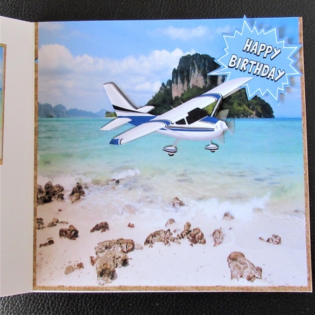 Plane flying over a beach with an Island in the ocean 8x8 by Davina Rundle