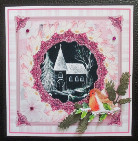 8X8 Christmas card topper Church in Snow with Robin Decoupage by Davina Rundle