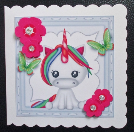 Pretty rainbow unicorn with butterflies and pink flowers 8x8 by Davina Rundle