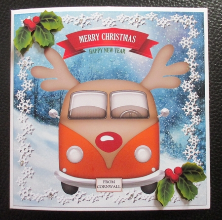 Orange Toonie Christmas campervan in the snow 8x8 by Davina Rundle