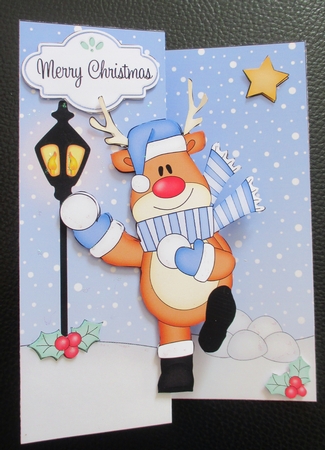3D Shaped No-Hole Fold Back Christmas Card Mini Kit  - Rudolph is having a Snowball Fight by Davina Rundle