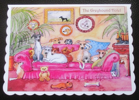 This is our sofa... wheres yours? Greyhound dogs on sofa oval pyramage by Davina Rundle