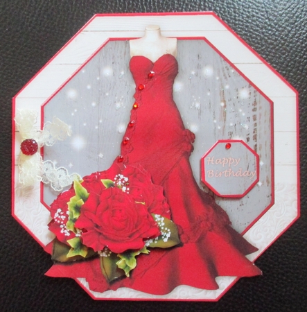 Romantic Vintage Dress & Red  Roses  Corsage Octagon Card by Davina Rundle