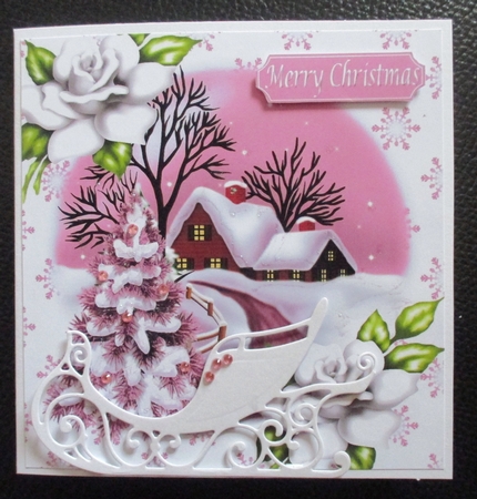 Lovely christmas scene with cottage & pink tree 8x8 by Davina Rundle