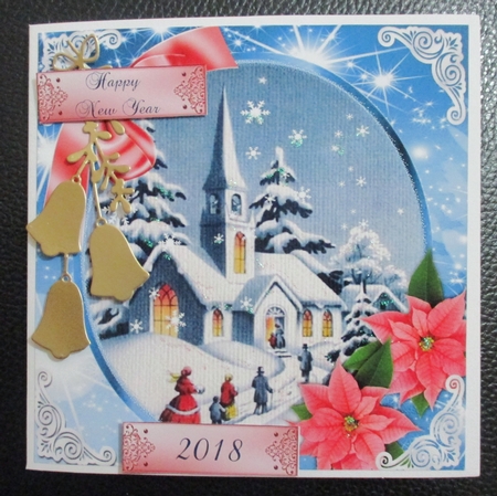 Lovely snow scene of a church with poinsettias 8x8 by Davina Rundle